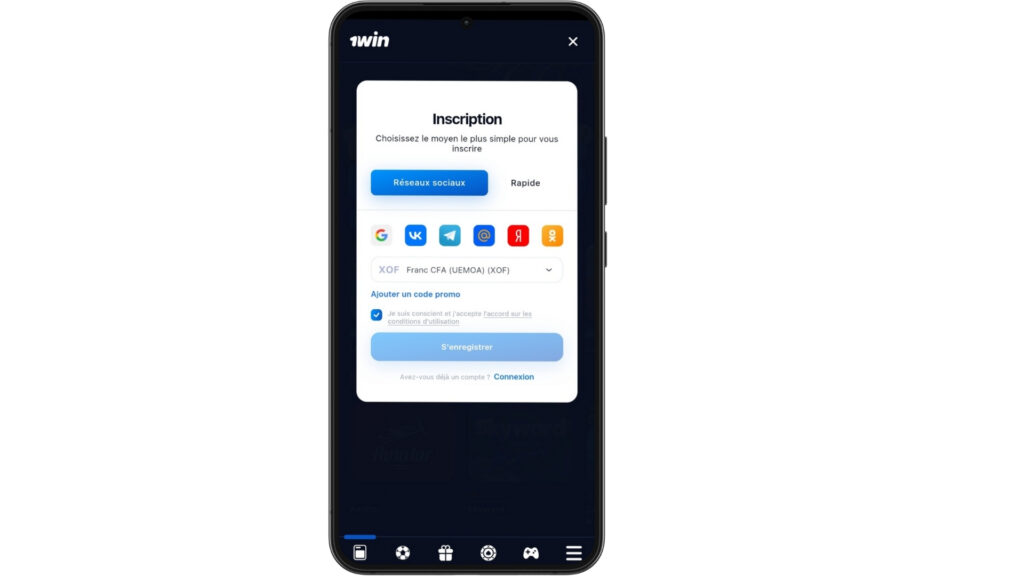Inscription 1win RDC reseaux sociaux
