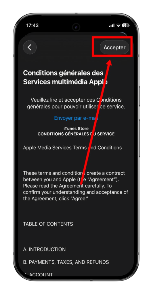 cliquer sur le bouton Accepter pour telecharger 1xbet iOS