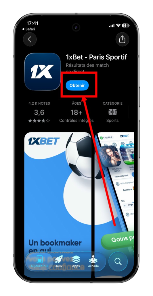 cliquer sur le bouton Obtenir 1xbet