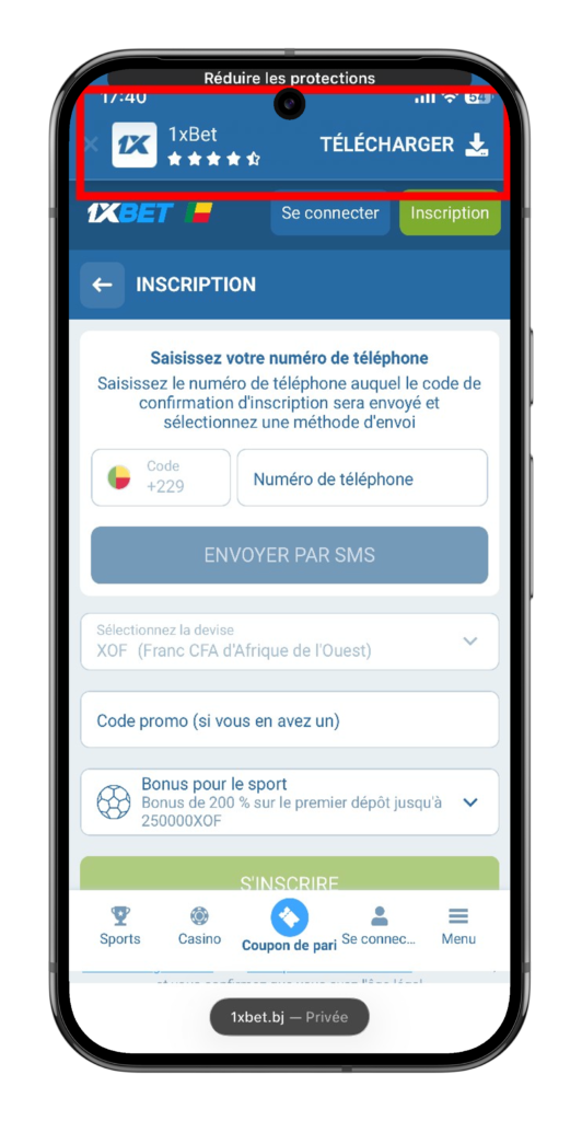 cliquer sur le bouton telecharger 1xbet iOS