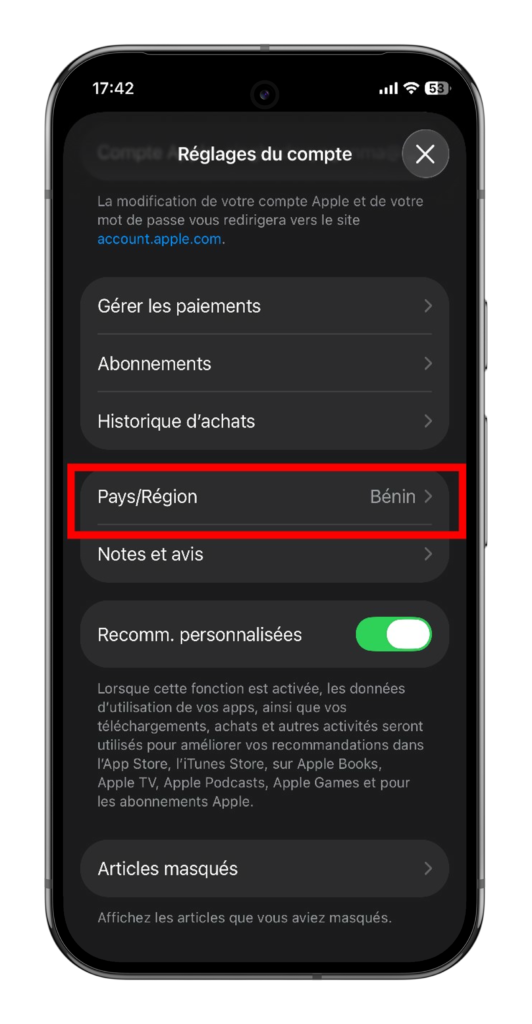 cliquer sur votre region actuel pour changer