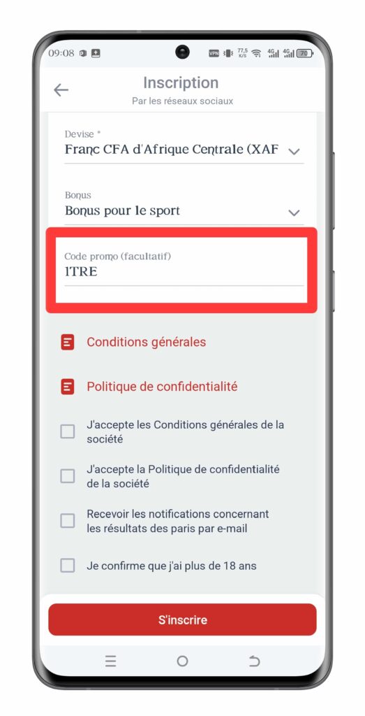 Entrez le code promo Megapari Cameroun 1TRE