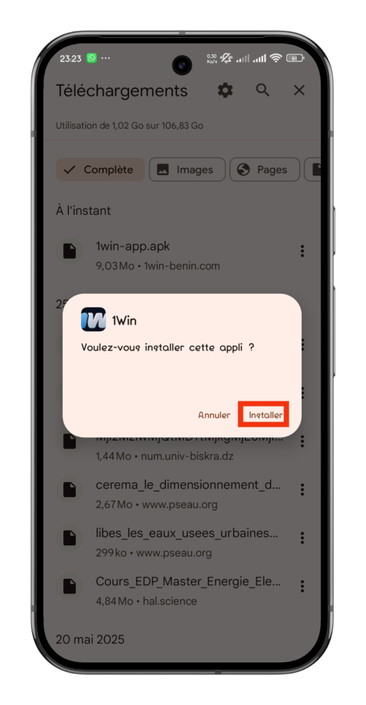 Cliquer Installer 1win apk Mali