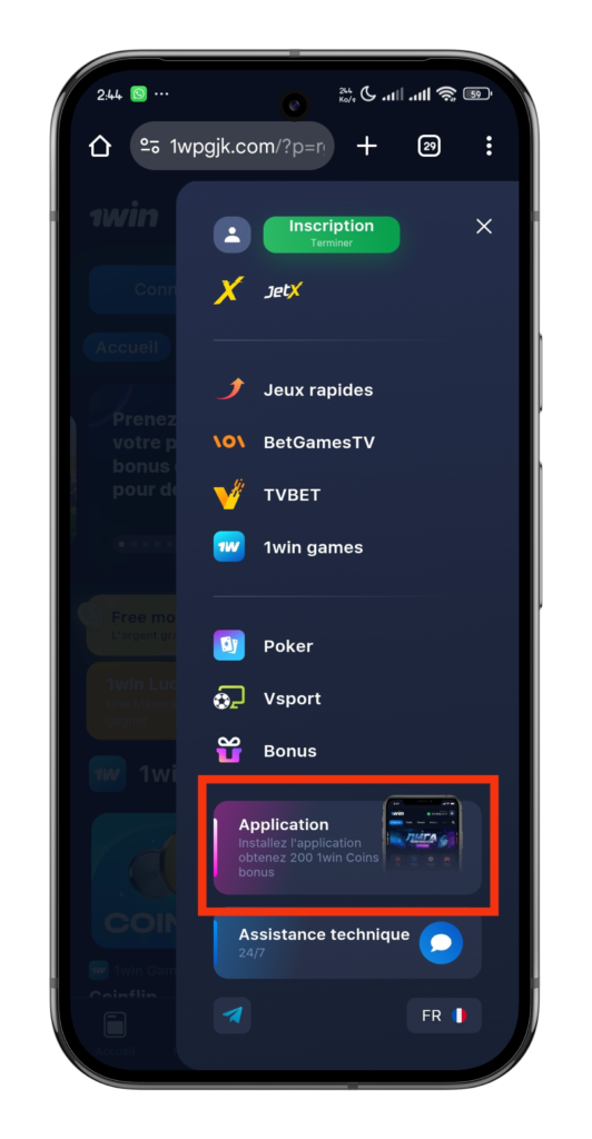 Cliquer sur le bouton Application pour télécharger 1win Mali
