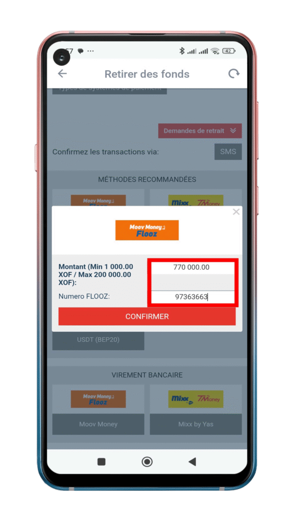 Retrait sur Megapari Togo : comment retirer de l’argent ? 7 Saisir le montant du retrait et valider la transaction