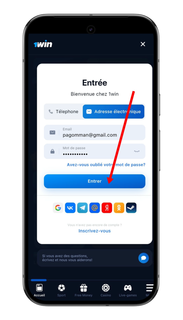 cliquer sur le bouton Entrer pour se connecter sur 1win RDC