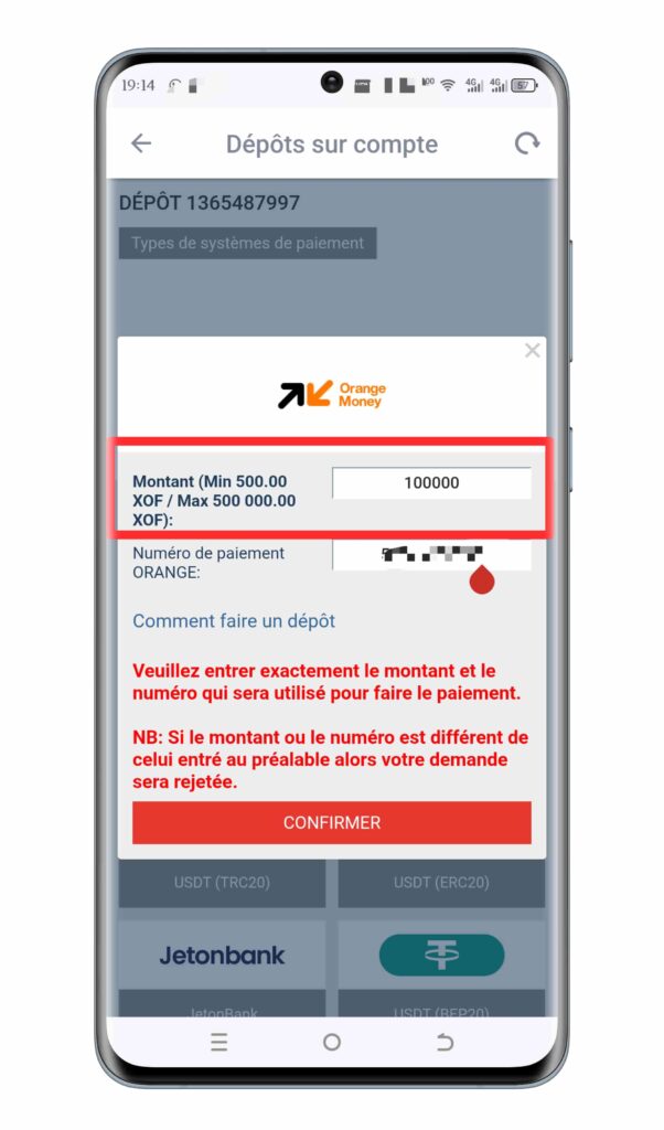 Le meilleur code promo Megapari Côte d’Ivoire 14 Indiquez le montant à déposer et confirmez