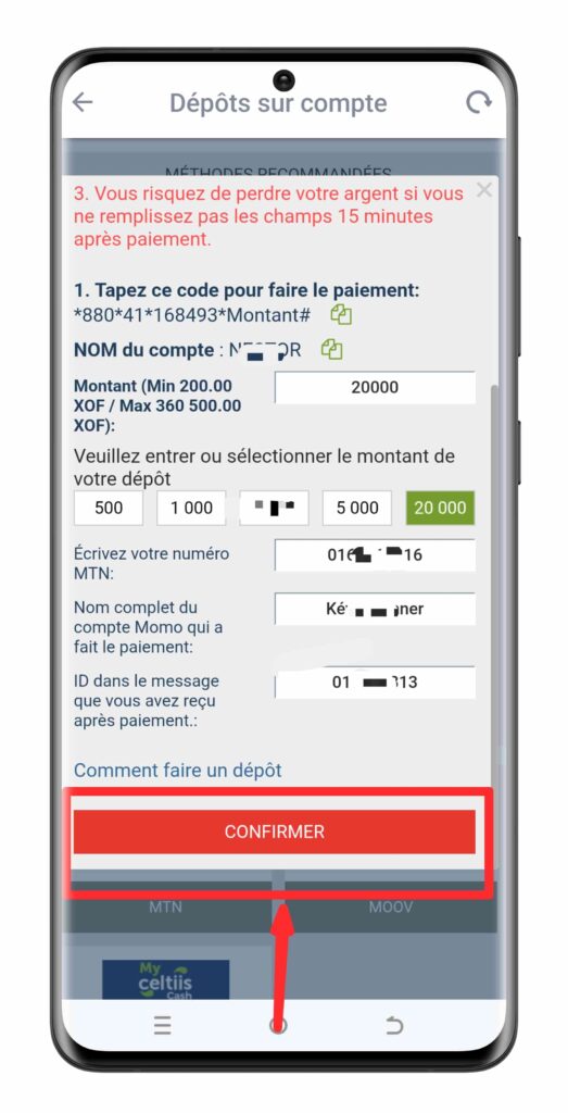 Saisissez le montant de dépôt et confirmez l'opération