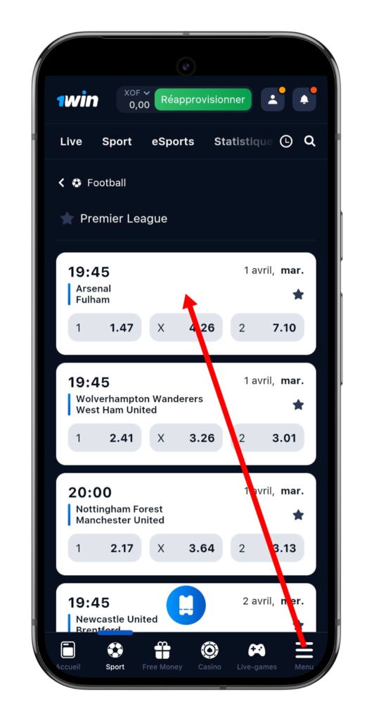 sélectionner le match sur lequel parier