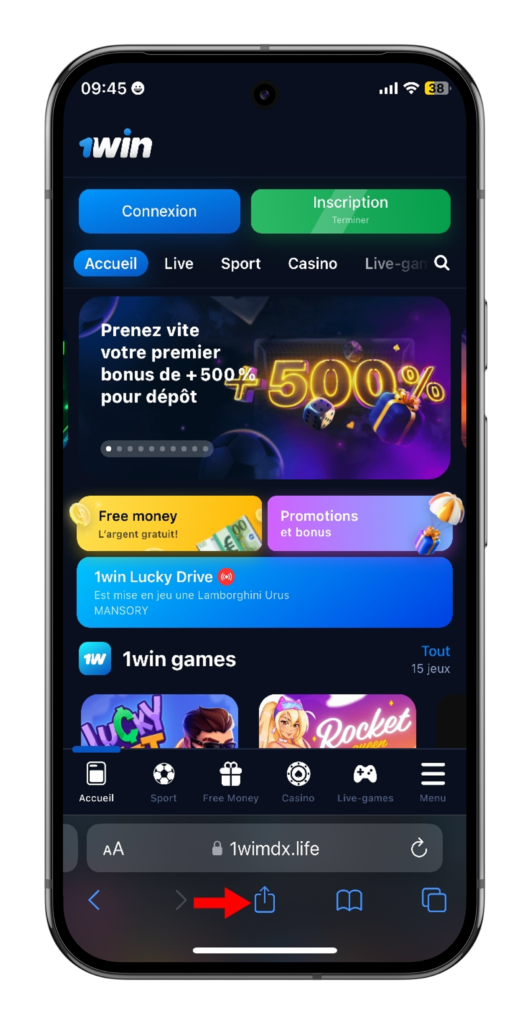 Cliquer sur l'icone pour partager 1win Guinée