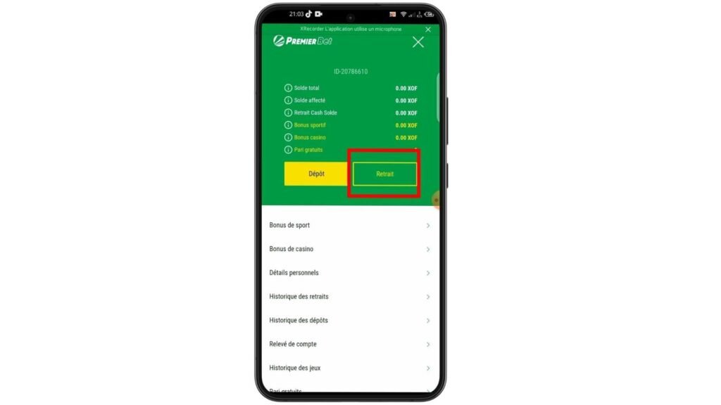 Étape 2 : Sélectionner l’option “Retrait” et choisir votre méthode de retrait