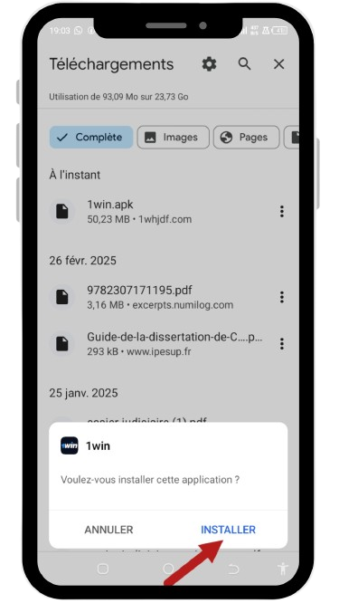 Installer l'apk 1win