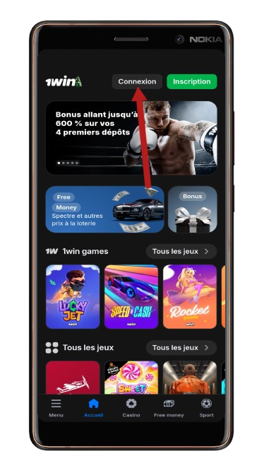 Ouverture du site officiel 1win Togo et cliquer sur connexion.