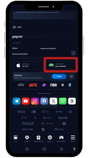 cliquer sur le bouton Android pour télécharger 1win