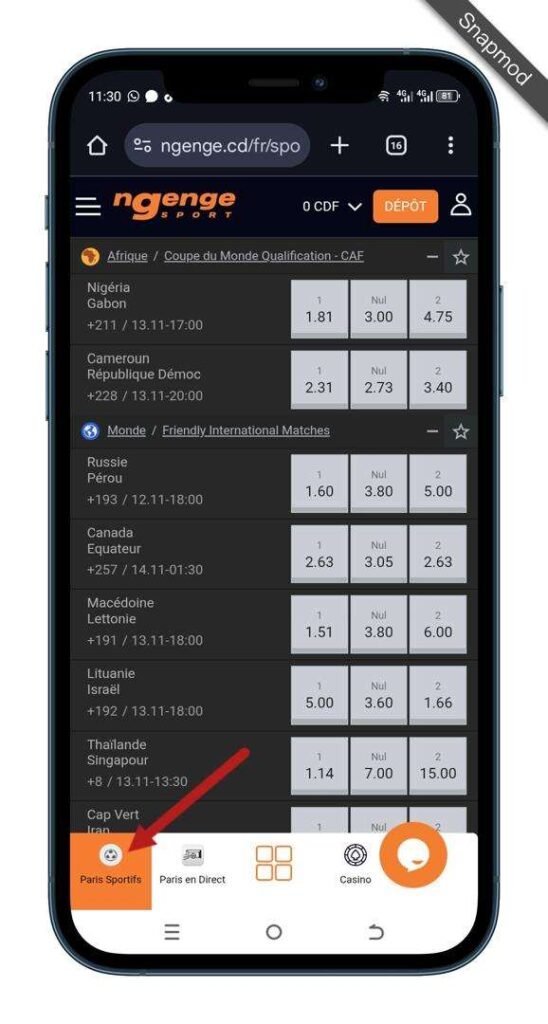 Accéder à la section "Sport".