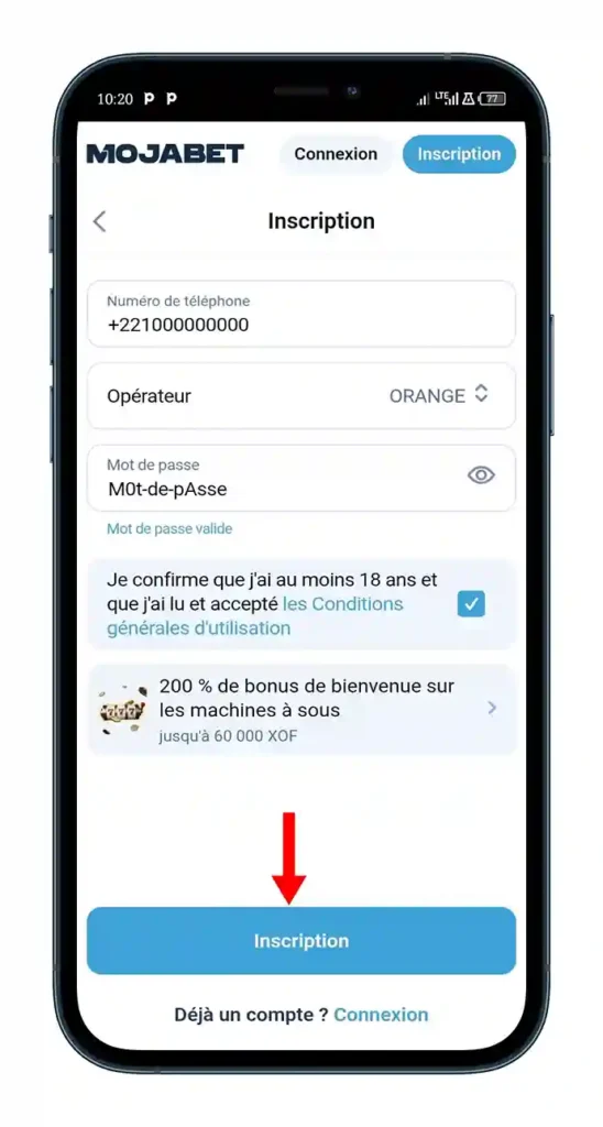 Accepter les conditions générales et validez
