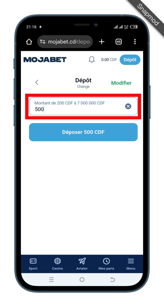 Entrer le montant que vous souhaitez déposer