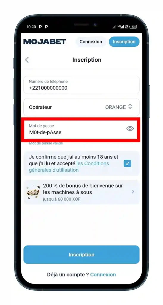 Remplir le formulaire Mojabet