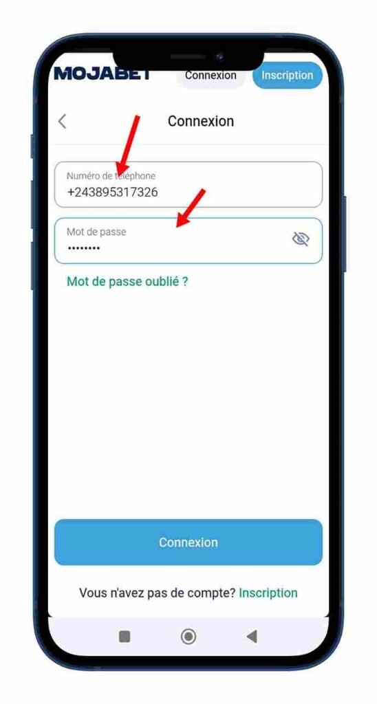 Renseigner le formulaire de connexion Mojabet