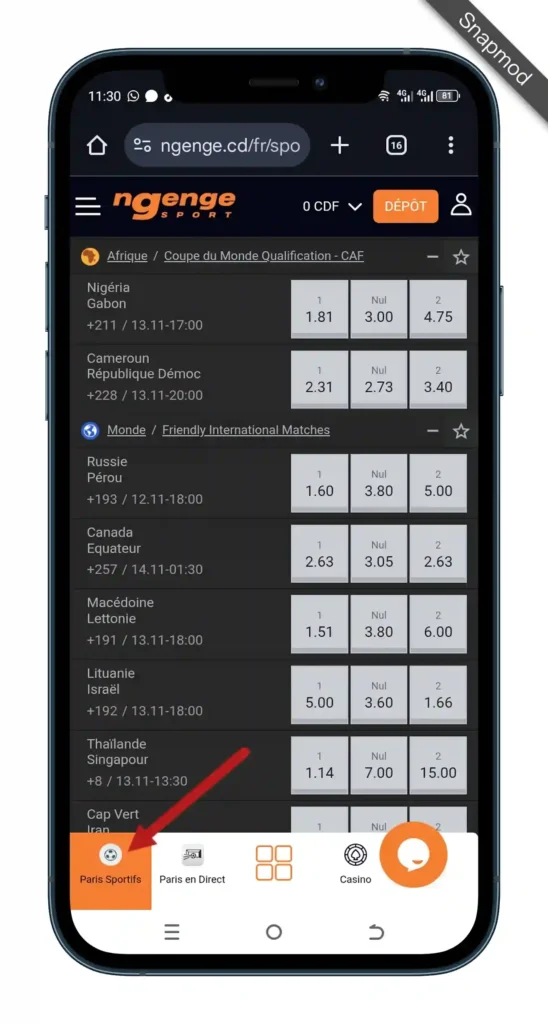 Accéder à la section Sport