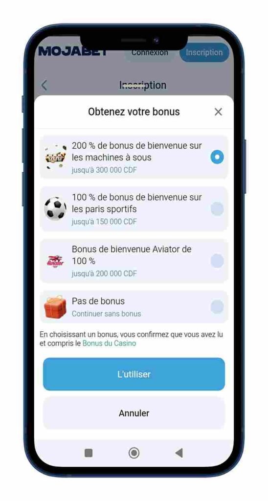 Sélectionner le type de bonus de bienvenue Mojabet