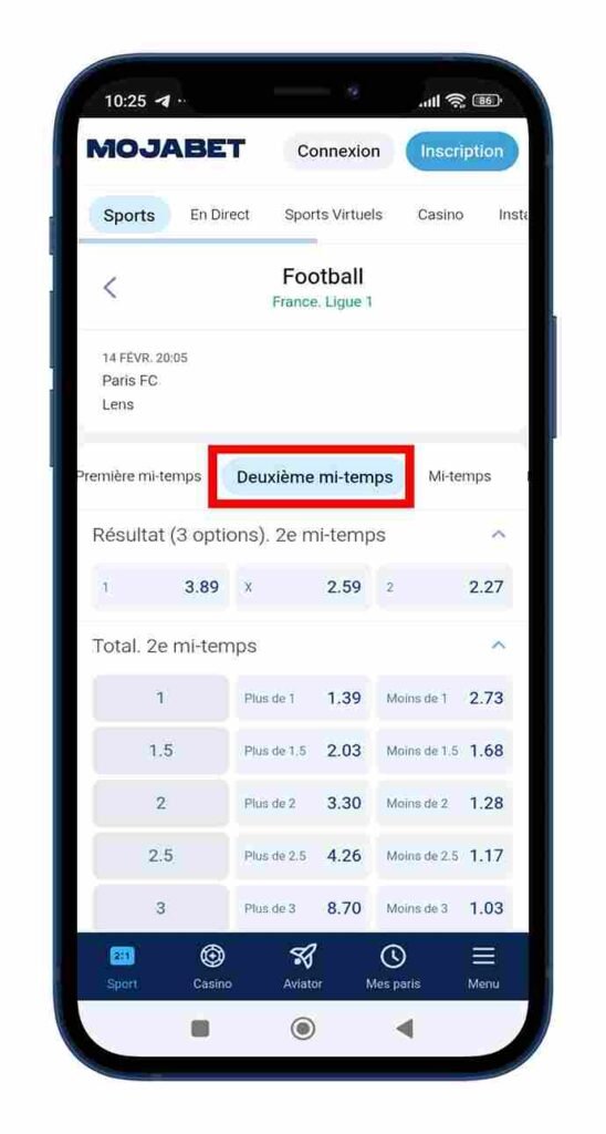 Choisir le moment du pari (deuxième mi-temps)
