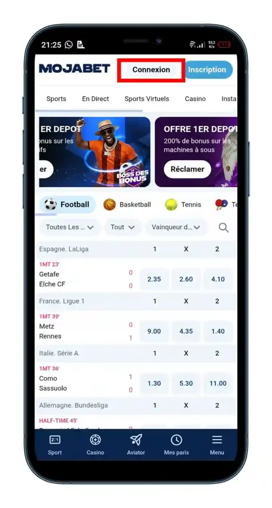 cliquer sur le bouton Connexion de Mojabet