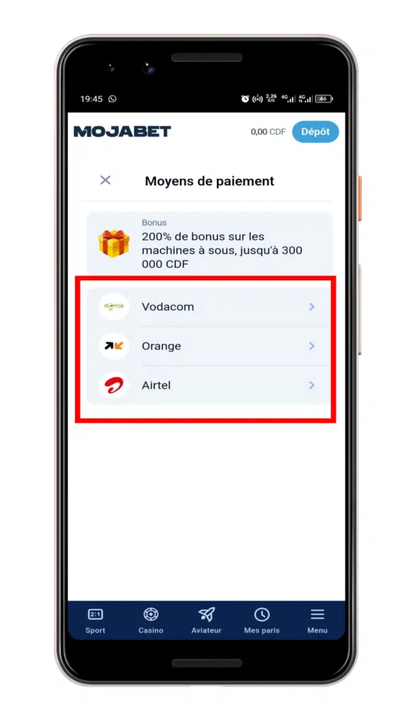 mojabet - Choisir votre méthode de recharge 