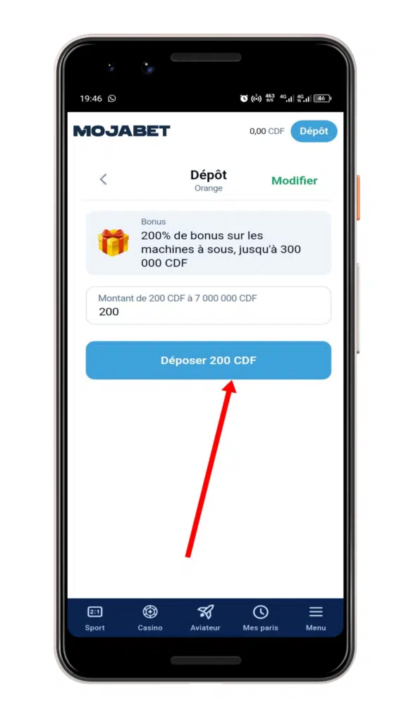 mojabet - Entrer le montant du dépôt et valider votre transaction 