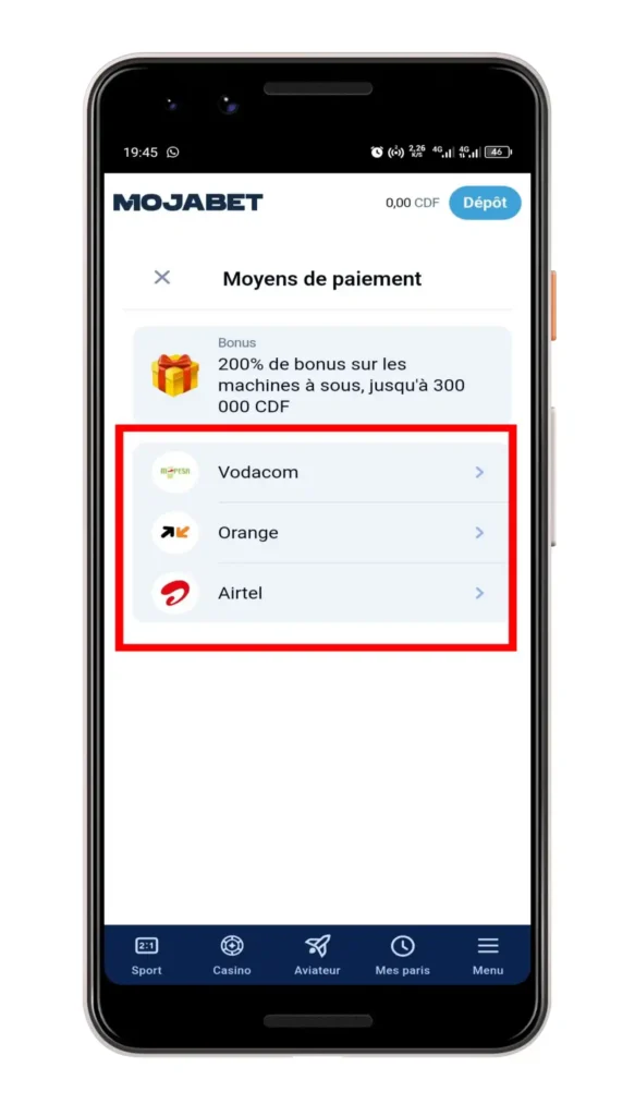 mojabet - Choisir votre méthode de recharge 