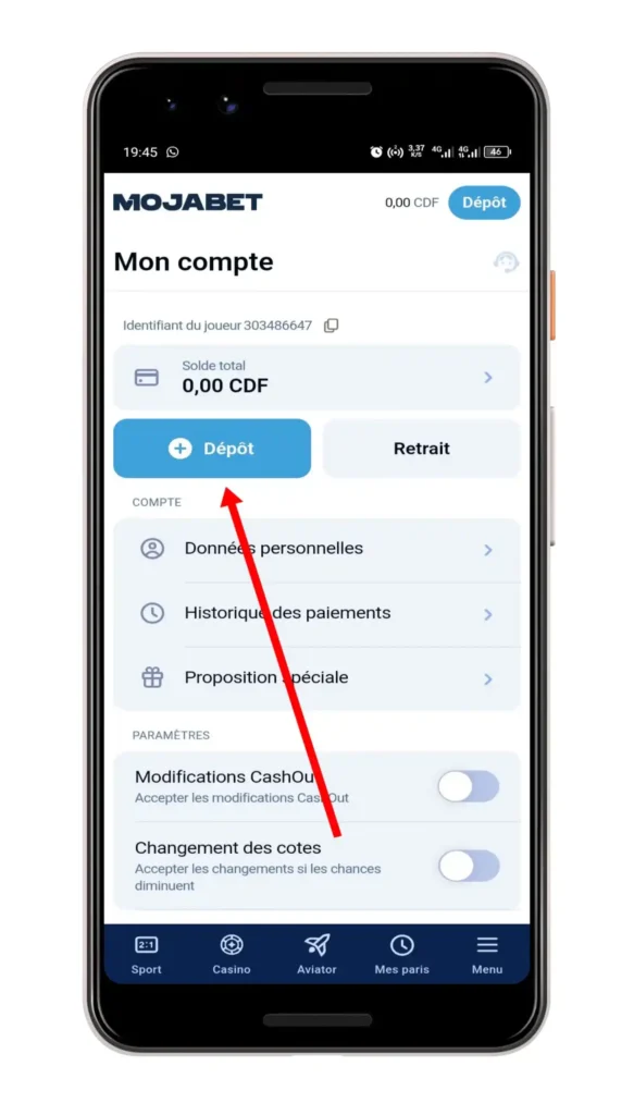 mojabet - accéder à la section des dépôts 