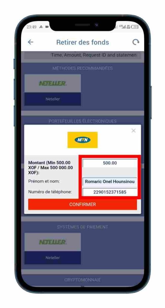Saisir votre montant du retrait Paripesa