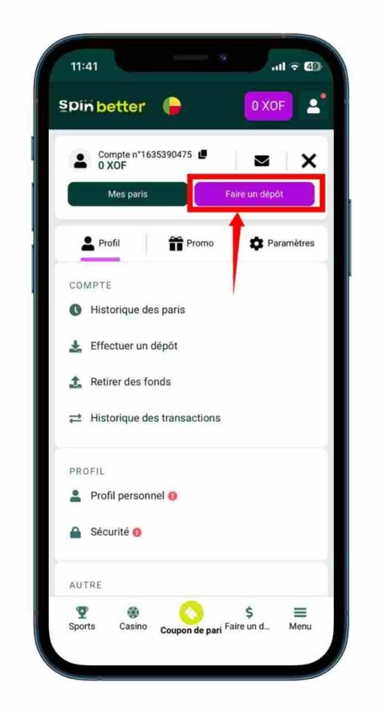 cliquez sur le bouton « Faire un dépôt »